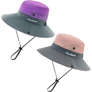 Unisex Purple-Grey & Pink Grey 2 Pcs Wide Brim Mesh Vent Chin Strap Cowboy Hat